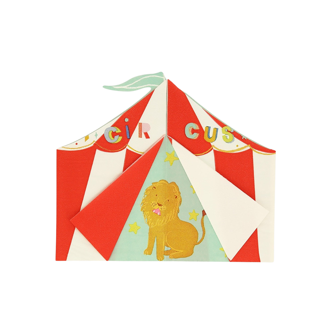 Red white circus tent shaped invitation with lion birthday design from Parte Haus party supply store in Bethesda MD