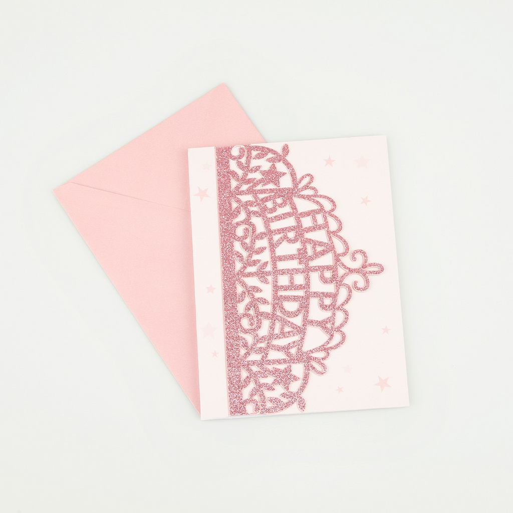 Pink glitter birthday card with matching envelope for birthday theme from Parte Haus party supply store in Bethesda MD