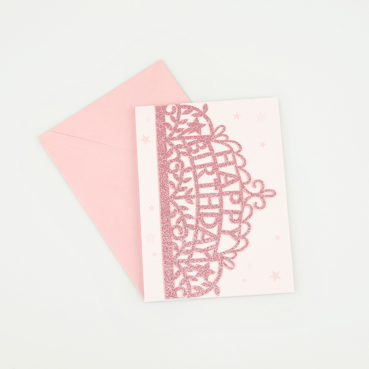 Pink glitter birthday card with matching envelope for birthday theme from Parte Haus party supply store in Bethesda MD