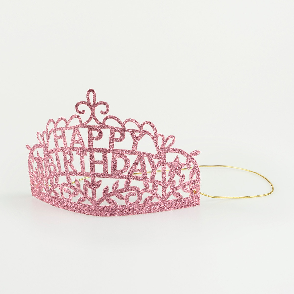 Pink glitter birthday tiara with cutout Happy Birthday lettering for birthday from Parte Haus party supply store in Bethesda MD