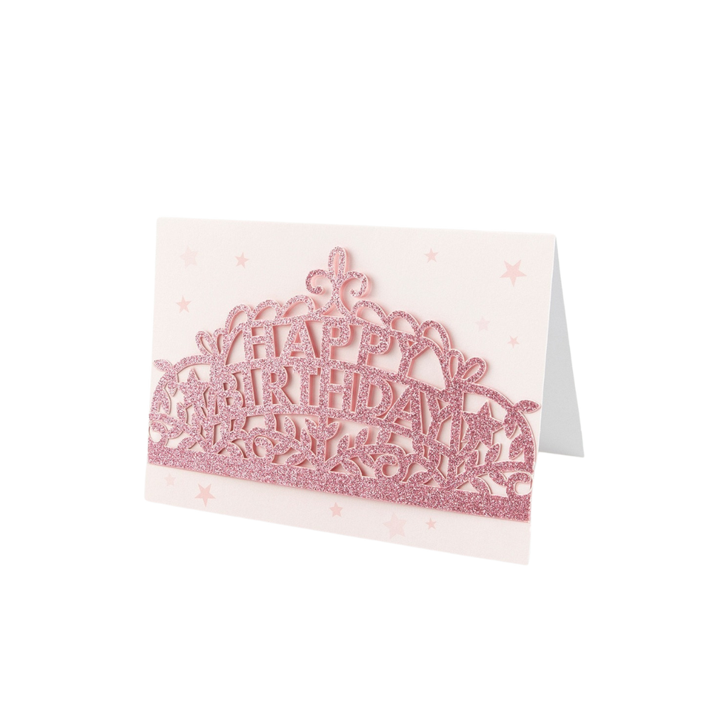 Pink glitter birthday card with tiara design for birthday celebration from Parte Haus party supply store in Bethesda Maryland