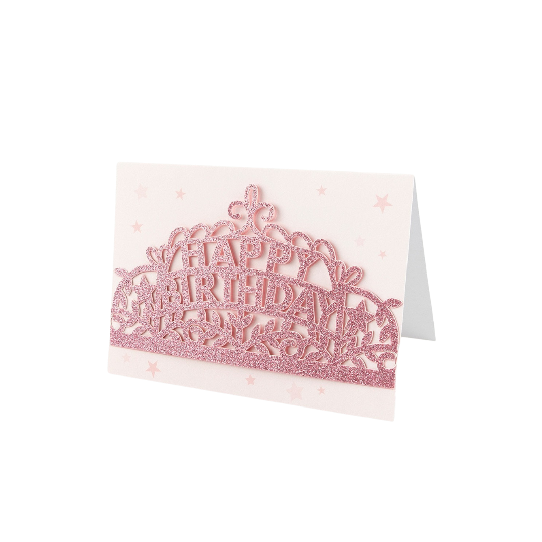 Pink glitter birthday card with tiara design for birthday celebration from Parte Haus party supply store in Bethesda Maryland