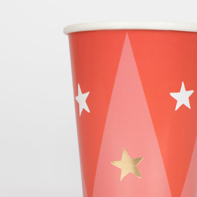 Red and pink star paper cup circus theme from Parte Haus party supply store in Bethesda Maryland