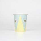 Pastel blue and yellow paper cup with gold star accents circus theme from Parte Haus party supply store in Bethesda MD