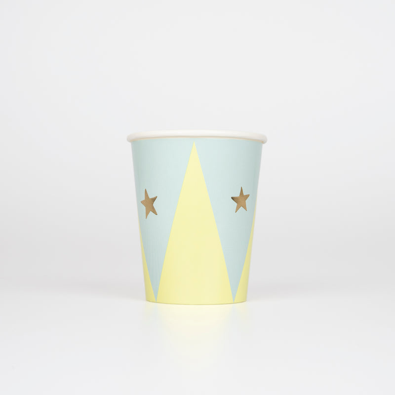 Pastel blue and yellow paper cup with gold star accents circus theme from Parte Haus party supply store in Bethesda MD