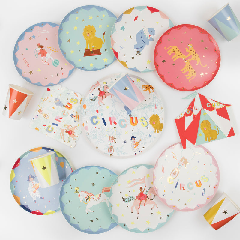 Colorful circus themed plates cups and napkins with animals from Parte Haus party supply store in Bethesda Maryland