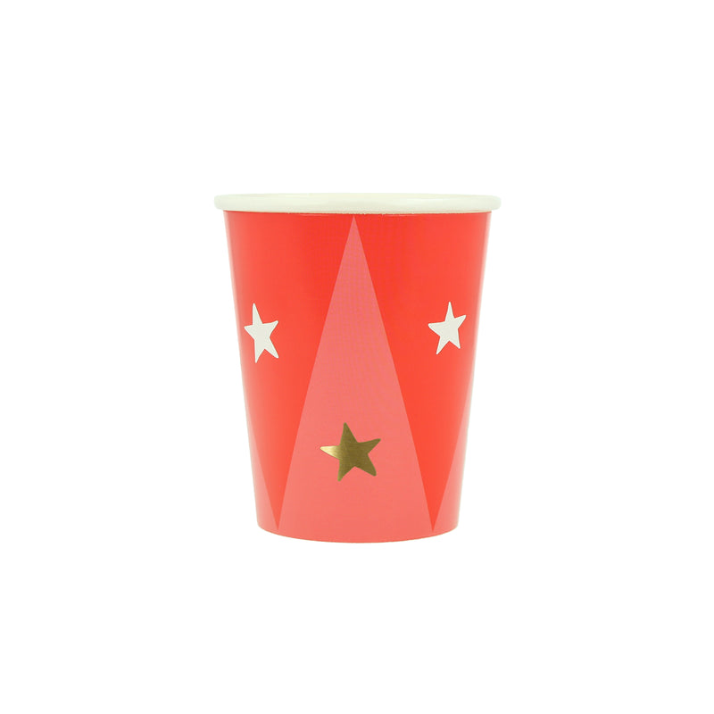 Red paper cup with gold and white stars for circus birthday theme from Parte Haus party supply store in Bethesda MD