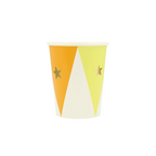 Orange and yellow paper cup with gold stars circus theme from Parte Haus party supply store in Bethesda MD