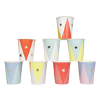 Colorful pastel and red paper cups with star and triangle designs circus theme from Parte Haus party supply store in Bethesda Maryland
