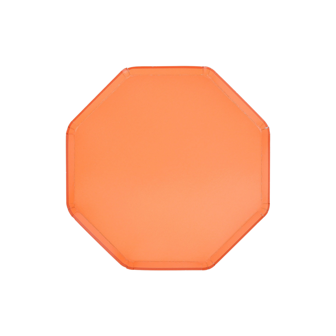 Orange octagon plate solid color for birthday celebration from Parte Haus party supply store in Bethesda MD