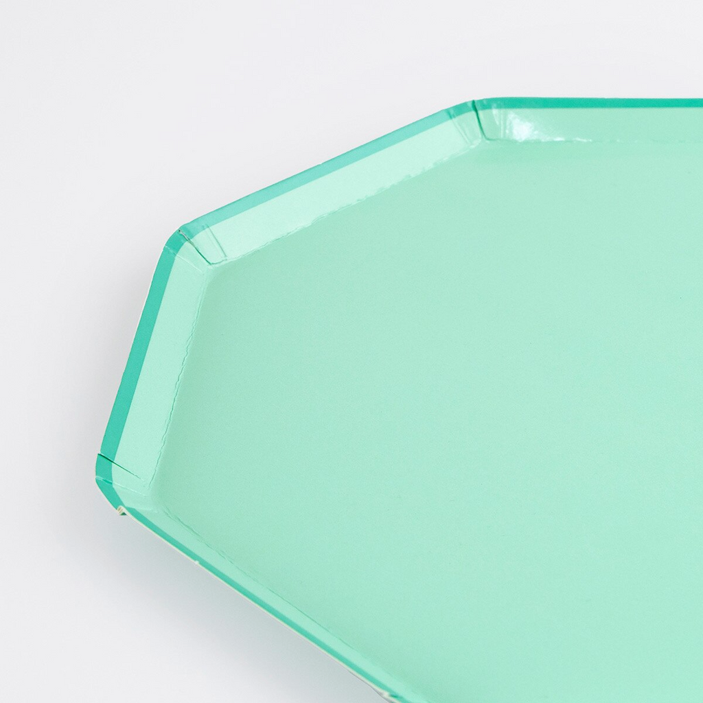 Mint green hexagon plate modern party tableware for birthdays from Parte Haus party supply store in Bethesda MD.
