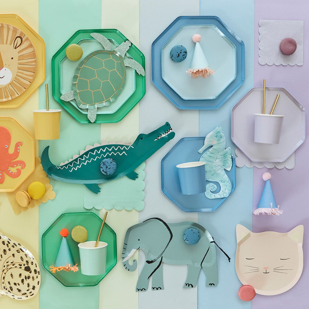 Colorful animal themed plates and cups for kids birthday from Parte Haus party supply store in Bethesda MD