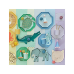 Colorful animal shaped plates cups and napkins on pastel table for kids birthday from Parte Haus party supply store in Bethesda MD