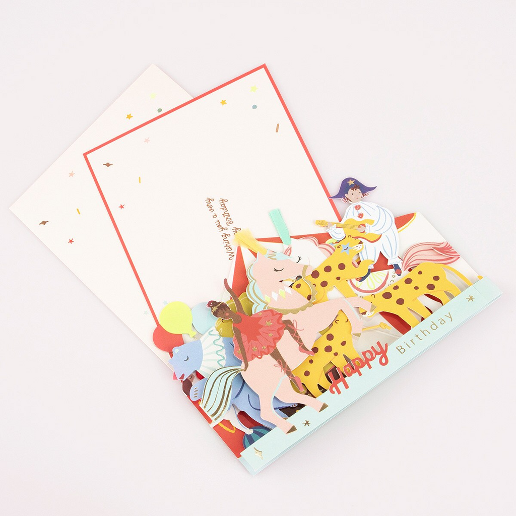 Colorful pop up birthday card with unicorns and circus design birthday theme from Parte Haus party supply store in Bethesda MD