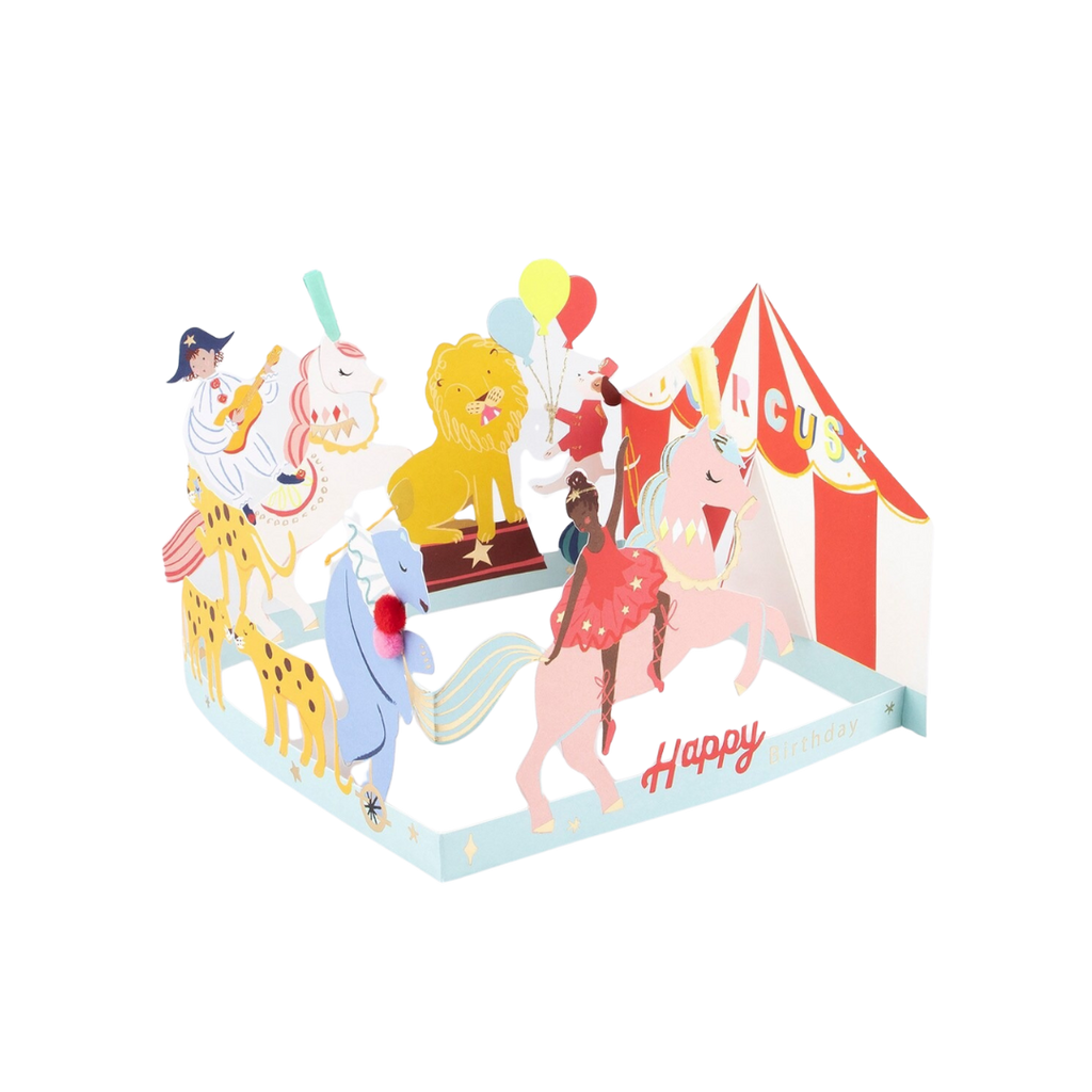 Colorful circus birthday card with animals and tent for birthday theme from Parte Haus party supply store in Bethesda MD