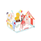 Colorful circus birthday card with animals and tent for birthday theme from Parte Haus party supply store in Bethesda MD