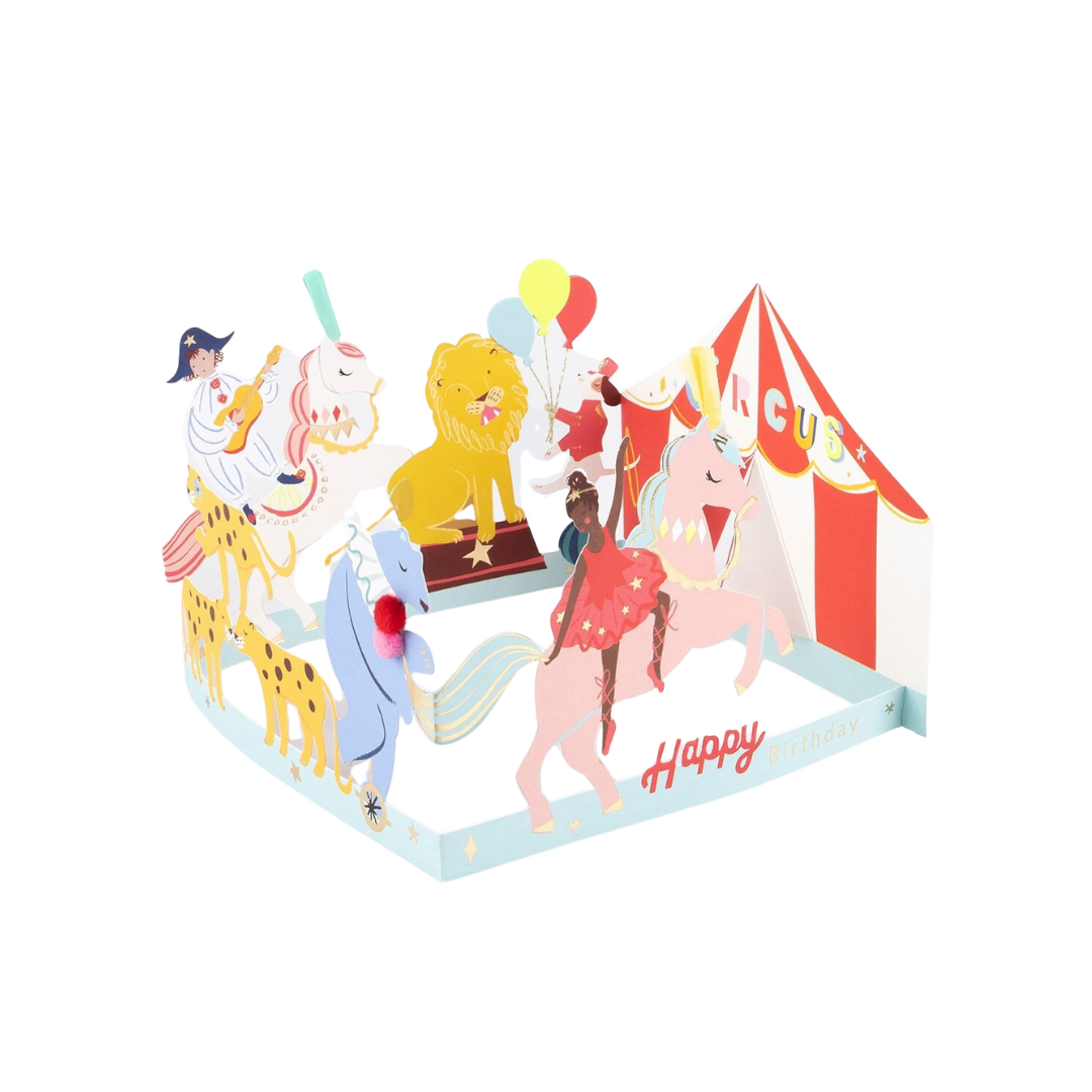 Colorful circus birthday card with animals and tent for birthday theme from Parte Haus party supply store in Bethesda MD