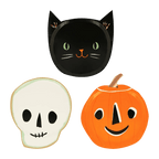 Black cat skull and orange pumpkin shaped plates Halloween theme from Parte Haus party supply store in Bethesda Maryland