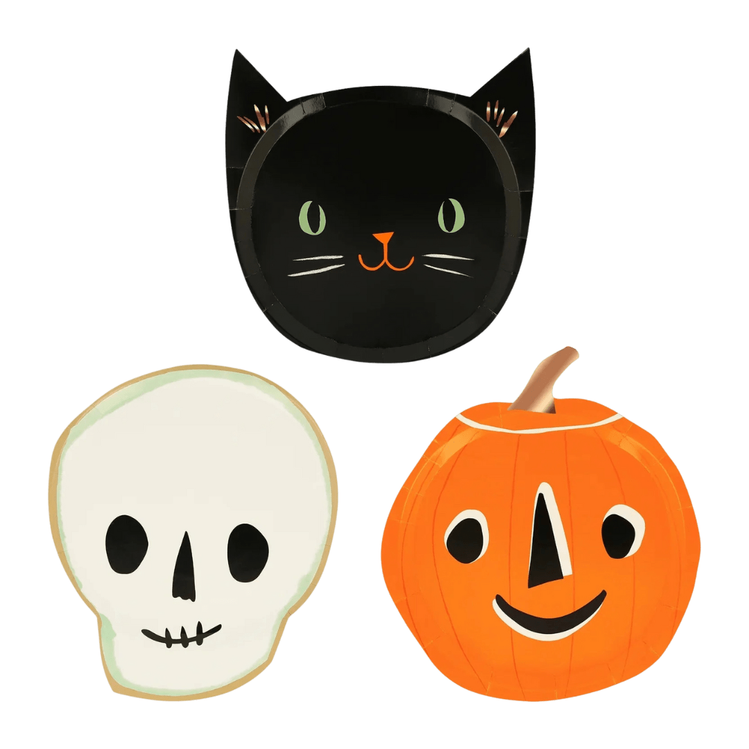 Black cat skull and orange pumpkin shaped plates Halloween theme from Parte Haus party supply store in Bethesda Maryland