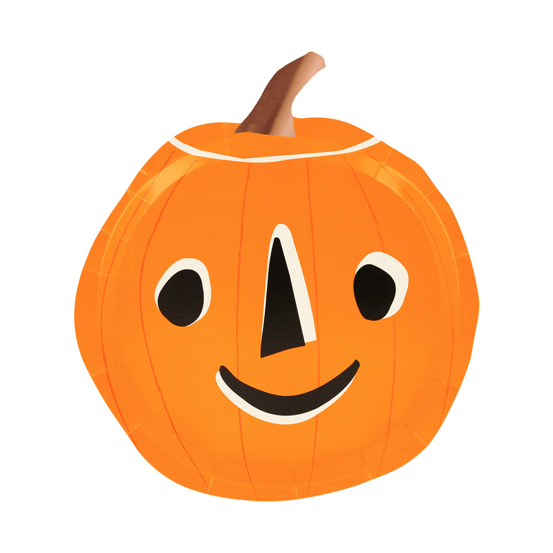 Orange pumpkin plate with happy face for Halloween from Parte Haus party supply store in Bethesda MD