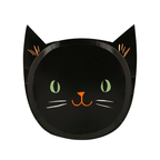 Black cat face shaped paper plate for Halloween from Parte Haus party supply store in Bethesda Maryland