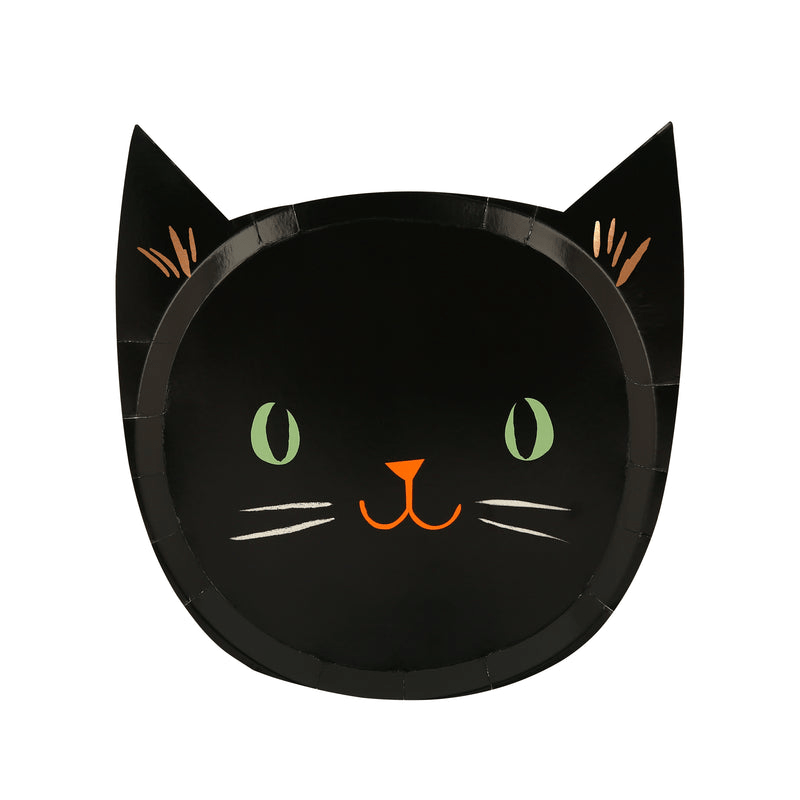 Black cat face shaped paper plate for Halloween from Parte Haus party supply store in Bethesda Maryland