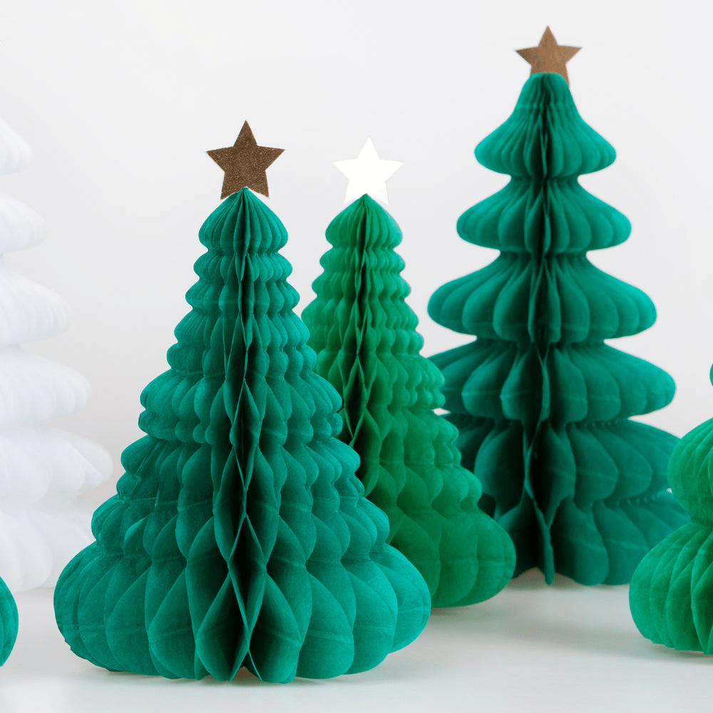 Green honeycomb paper Christmas tree decoration for holiday theme from Parte Haus party supply store in Bethesda Maryland