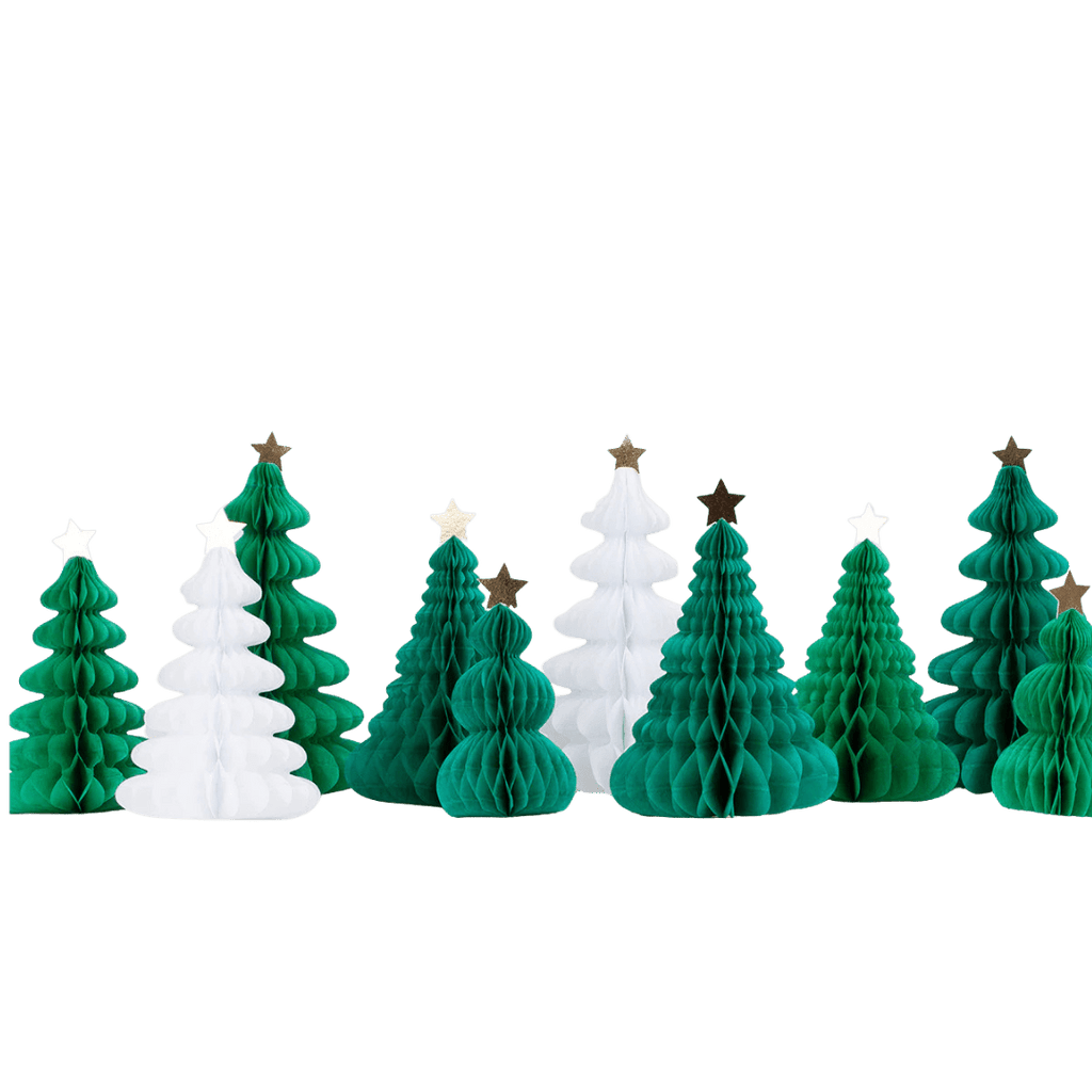 Green and white honeycomb paper Christmas trees with gold and white stars holiday decor from Parte Haus party supply store in Bethesda Maryland