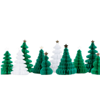 Green and white honeycomb paper Christmas trees with gold and white stars holiday decor from Parte Haus party supply store in Bethesda Maryland