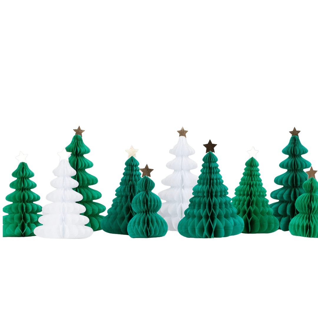 Green and white honeycomb paper Christmas trees with gold and white stars holiday decor from Parte Haus party supply store in Bethesda Maryland