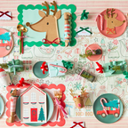 Colorful Christmas reindeer tableware and festive decorations for holiday from Parte Haus party supply store in Bethesda MD