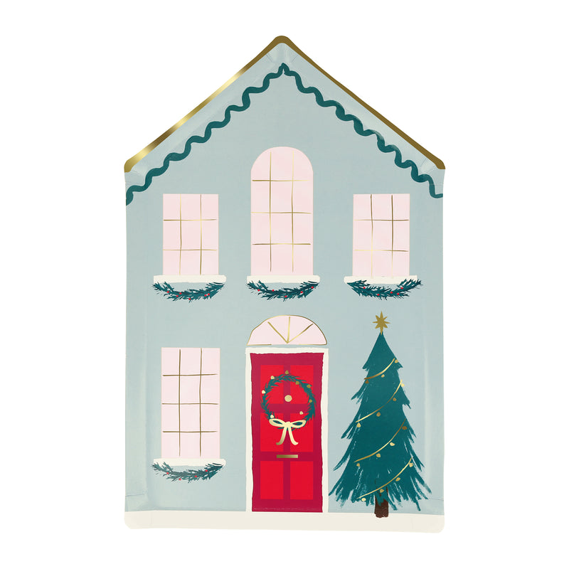 Blue house Christmas shaped plate with wreath and holiday tree from Parte Haus party supply store in Bethesda MD