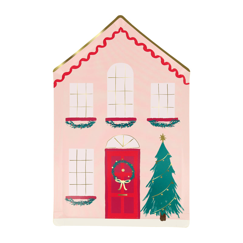 Pink house-shaped Christmas plate with wreath and tree holiday theme from Parte Haus party supply store in Bethesda Maryland