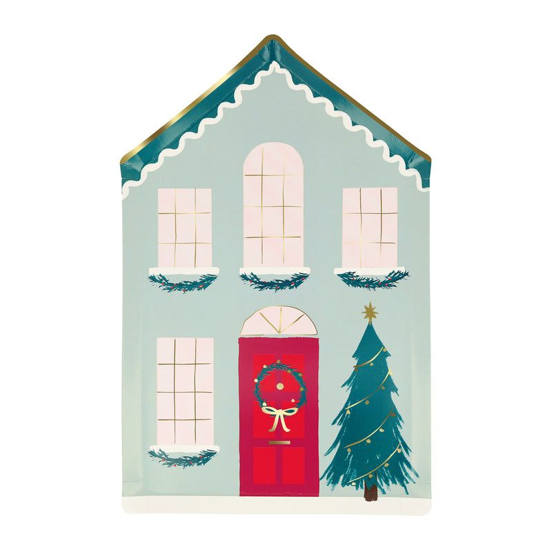 Blue house shaped Christmas plate with wreath and tree holiday tableware from Parte Haus party supply store in Bethesda Maryland