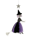 Purple and black witch hanging decoration for Halloween from Parte Haus party supply store in Bethesda MD