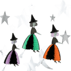 Green purple and orange witch paper decorations for Halloween from Parte Haus party supply store in Bethesda MD