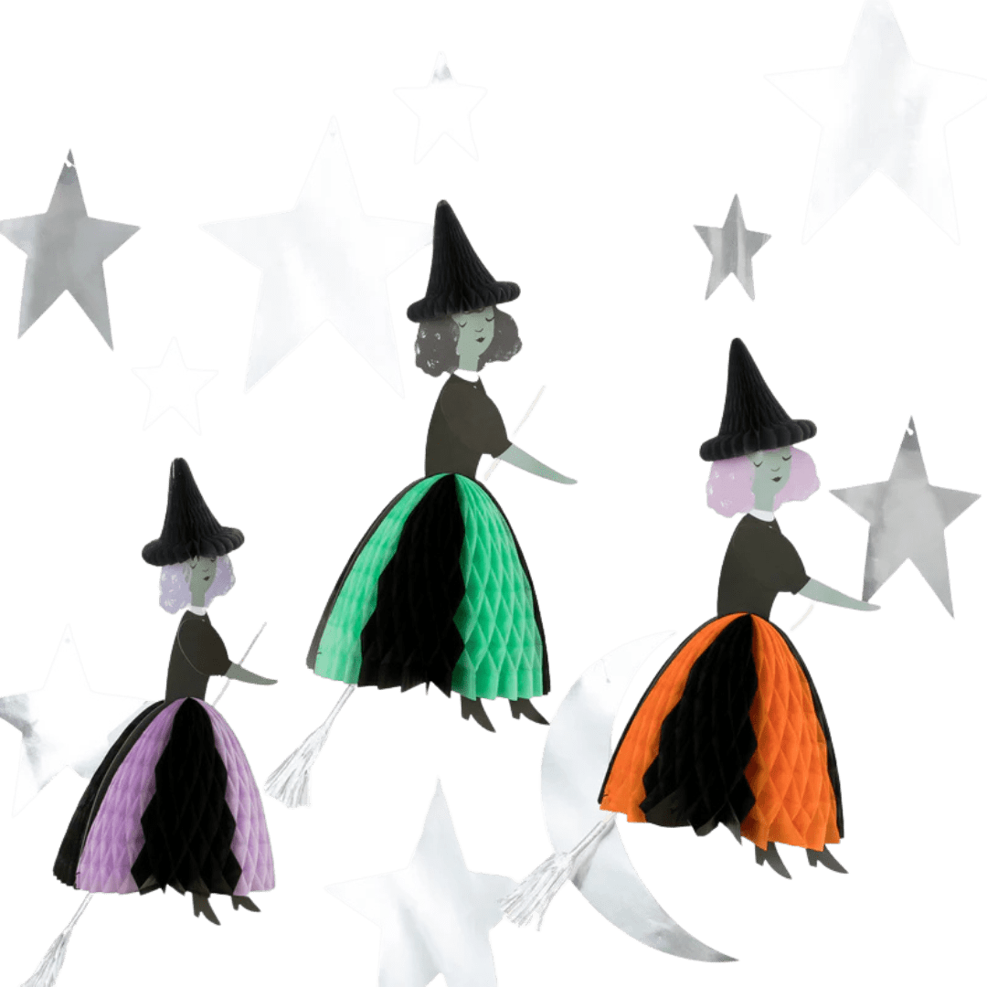 Green purple and orange witch paper decorations for Halloween from Parte Haus party supply store in Bethesda MD