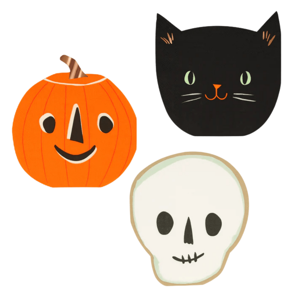 Orange pumpkin black cat and white skull shaped Halloween plates from Parte Haus party supply store in Bethesda Maryland
