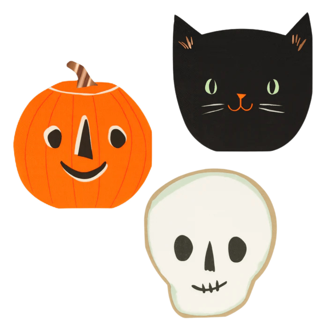 Orange pumpkin black cat and white skull shaped Halloween plates from Parte Haus party supply store in Bethesda Maryland