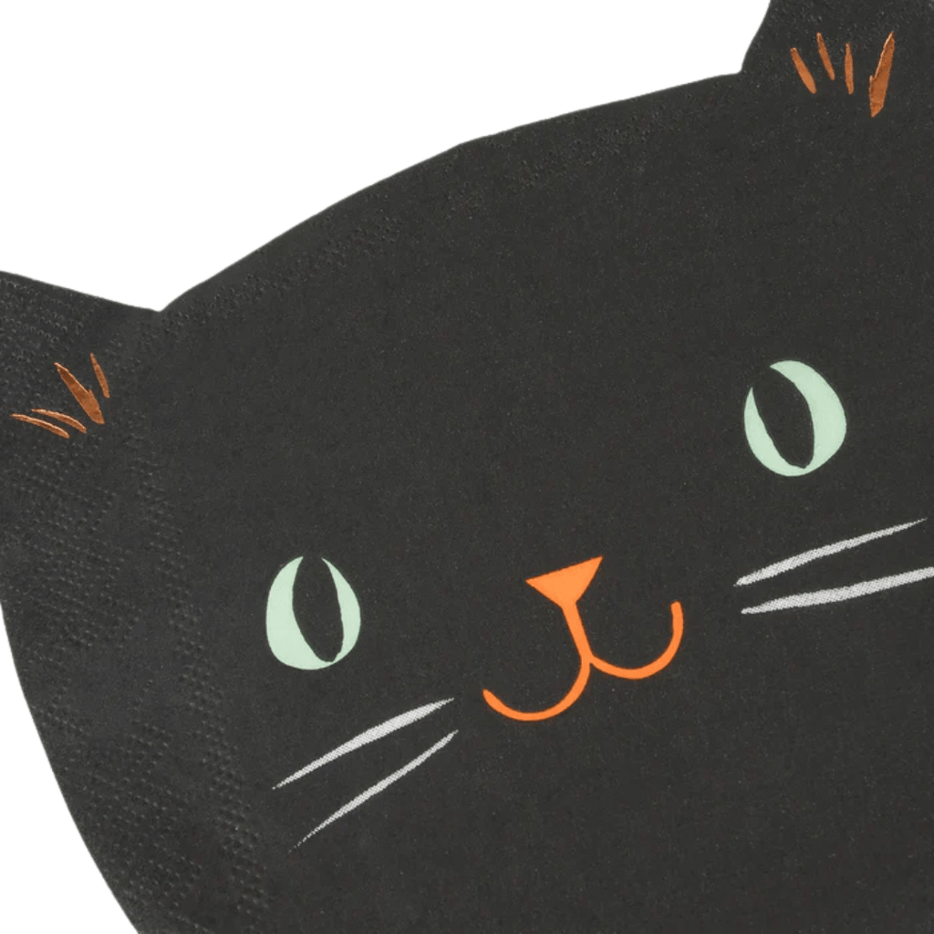 Black cat face napkin with green eyes Halloween from Parte Haus party supply store in Bethesda Maryland