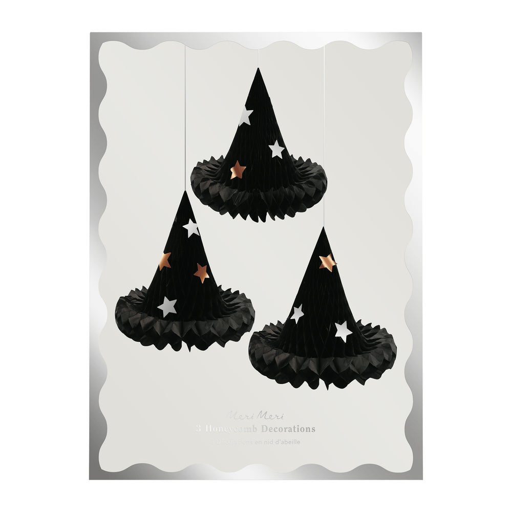 Black witch hat honeycomb decorations with gold and silver stars Halloween theme from Parte Haus party supply store in Bethesda MD