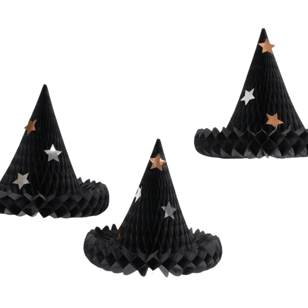 Black paper witch hats with gold and silver star accents for Halloween from Parte Haus party supply store in Bethesda MD