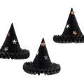 Black paper witch hats with gold and silver star accents for Halloween from Parte Haus party supply store in Bethesda MD