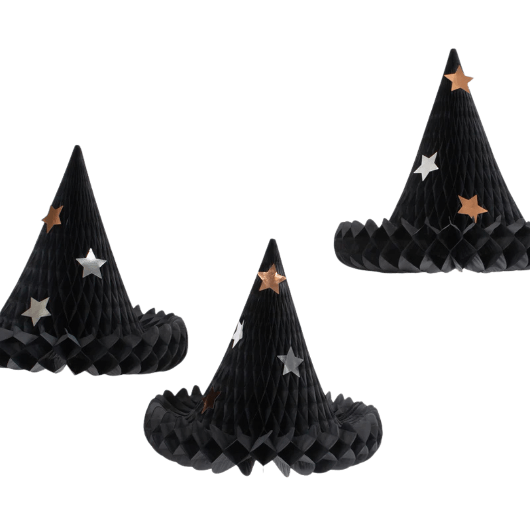 Black paper witch hats with gold and silver star accents for Halloween from Parte Haus party supply store in Bethesda MD