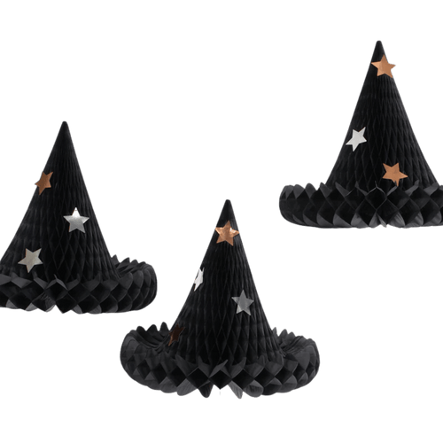 Black paper witch hats with gold and silver star accents for Halloween from Parte Haus party supply store in Bethesda MD