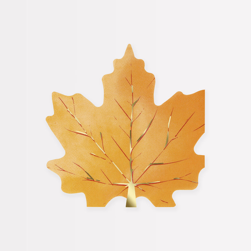 Gold leaf shaped plate with metallic veins fall theme from Parte Haus party supply store in Bethesda MD