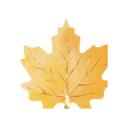 Yellow maple leaf shaped plate with autumn design for fall gatherings from Parte Haus party supply store in Bethesda MD.