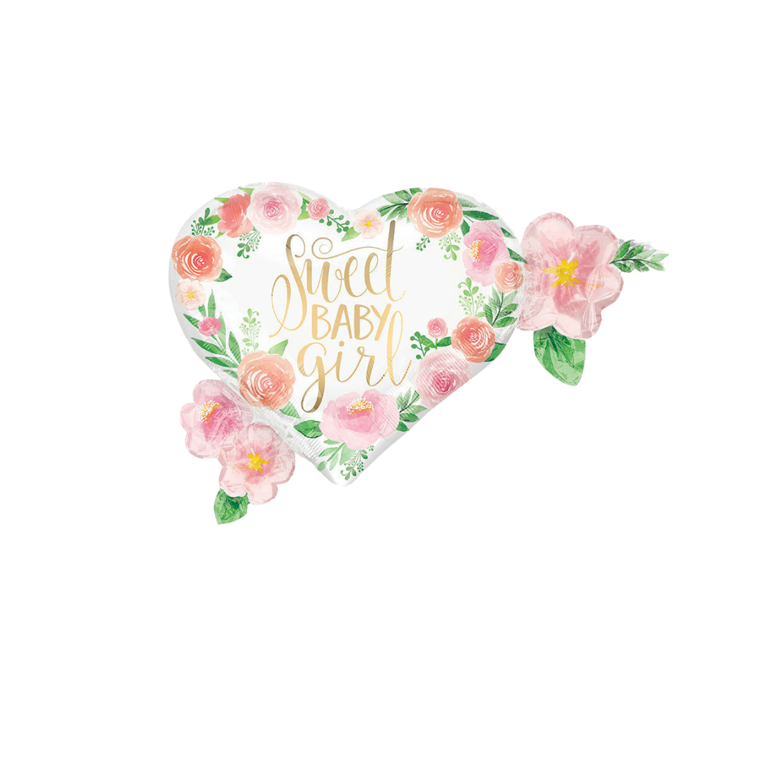 pink floral heart shaped foil balloon with sweet baby girl text baby shower from Parte Haus party supply store in Bethesda Maryland