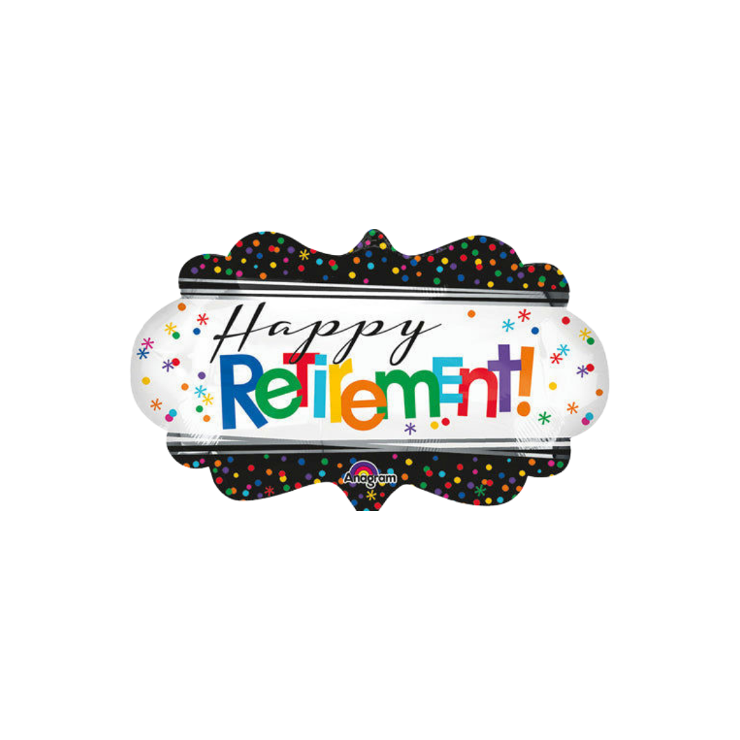 Multicolor jumbo Happy Retirement balloon with confetti design for retirement from Parte Haus party supply store in Bethesda MD
