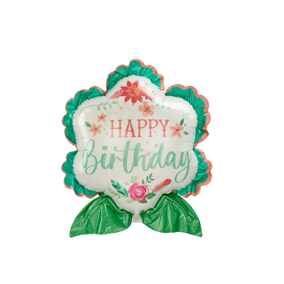Green and pink floral foil balloon with Happy Birthday text for birthday from Parte Haus party supply store in Bethesda Maryland